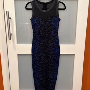 XS Rachel Roy Blue Black Leopard Print Skin Tight Midi Pencil Dress Sheer Top